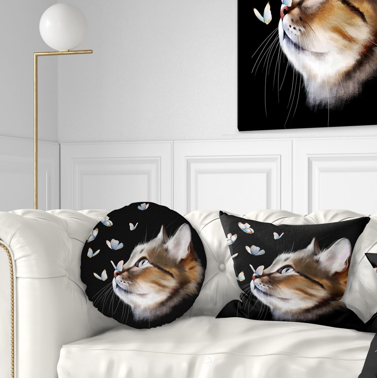 Designart Cat with Butterflies on Black - Animal Throw Pillow - 12x20