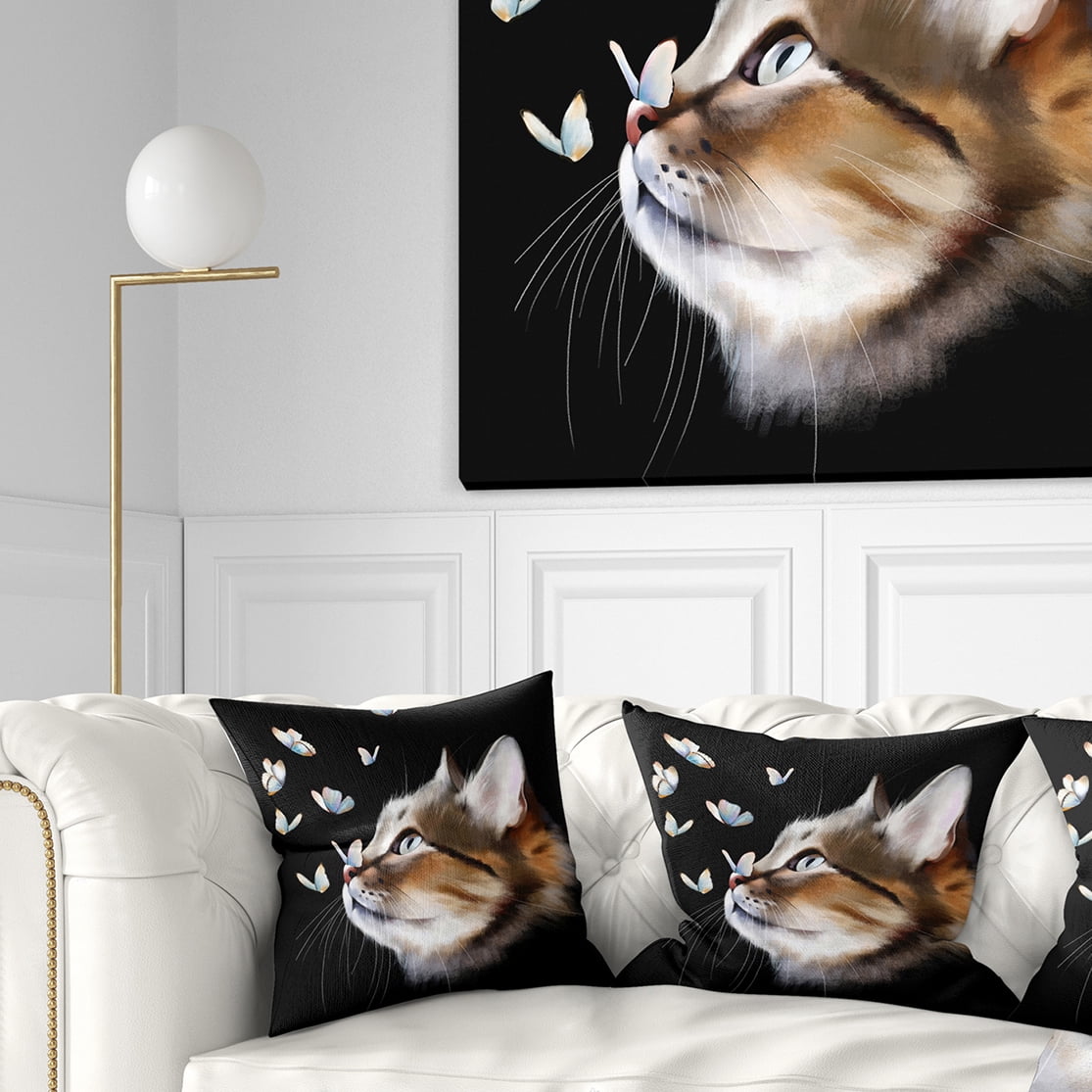 Designart Cat with Butterflies on Black - Animal Throw Pillow - 18x18