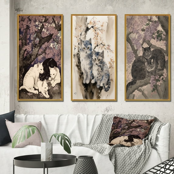 Designart "Cats Sleeping Under a Tree Vintage Painting" Animals Cat Framed Wall Art Set Of 3 - Purple Cat Frame Gallery Set For Office Decor