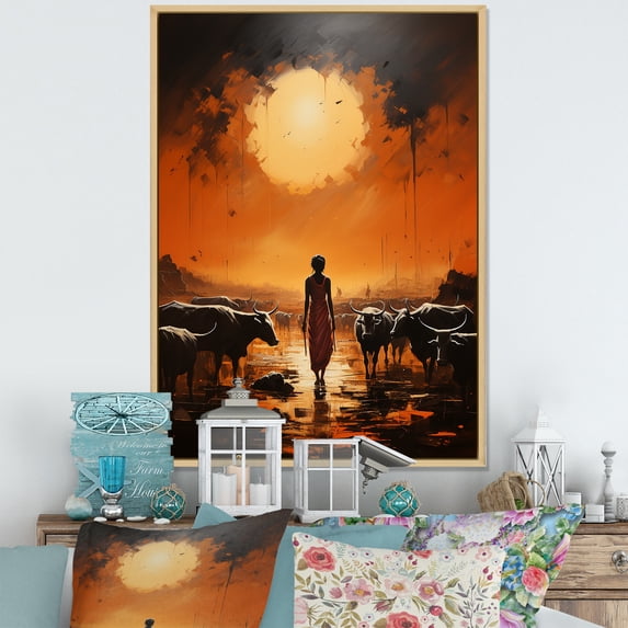 Designart "Cattle Camp African Dinka I" People Framed Wall Art - Global Orange African Tribal Bedroom Framed Canvas Wall Art