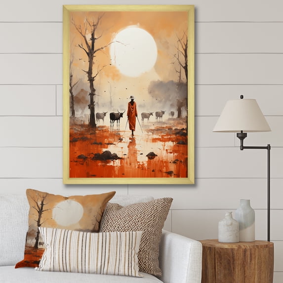 Designart "Cattle Camp African Dinka III" People Framed Wall Art - Global Yellow African Tribal Entryway Framed Wall Art