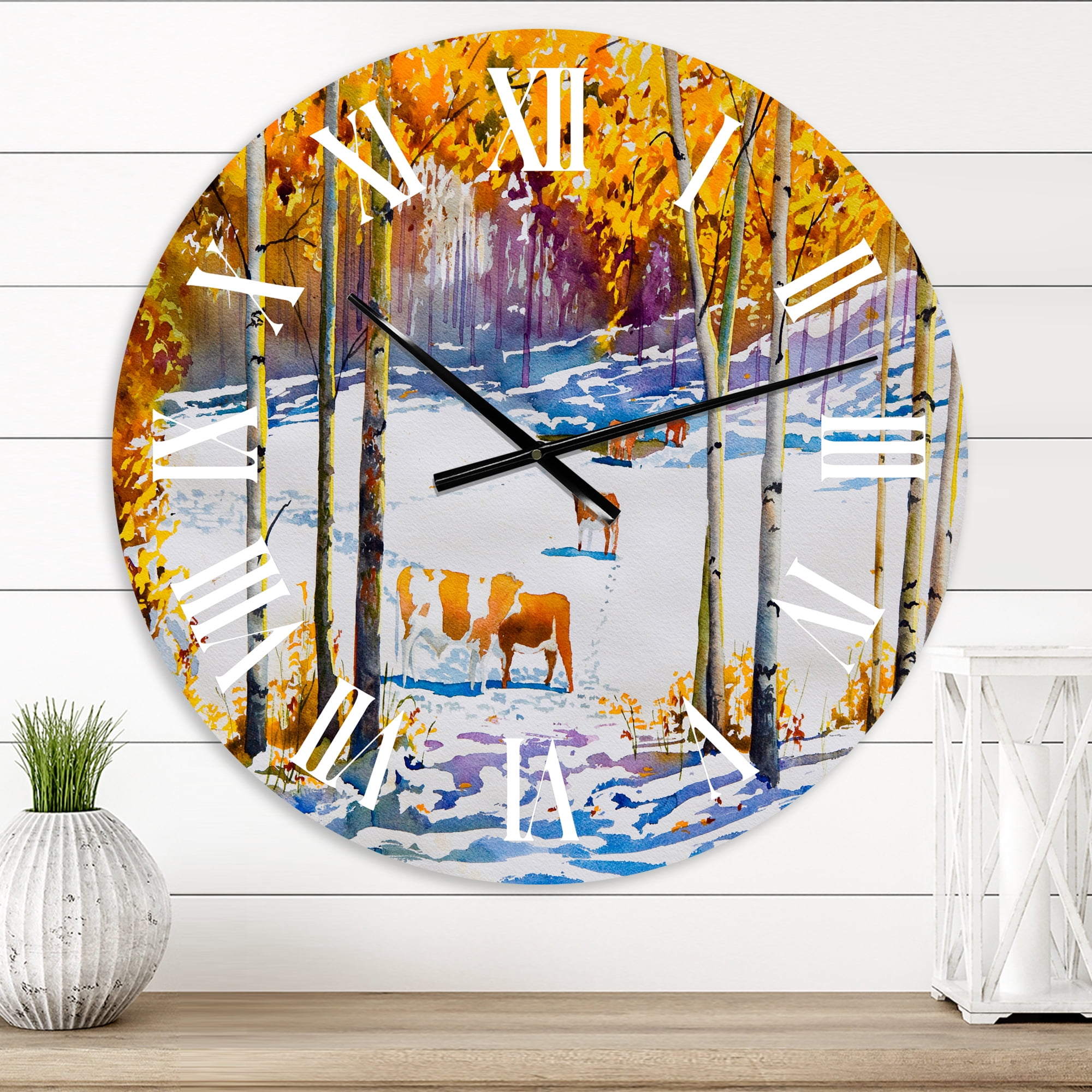 Designart 'Cattle In The Early Snow In The Forest' Farmhouse Wall Clock