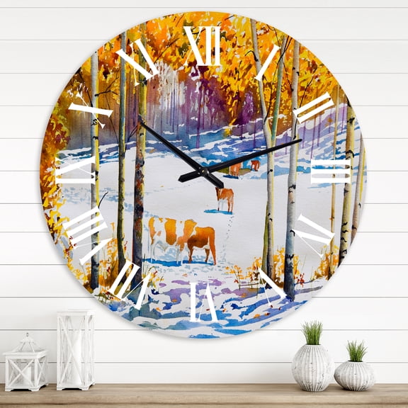 Designart 'Cattle In The Early Snow In The Forest' Farmhouse Wall Clock