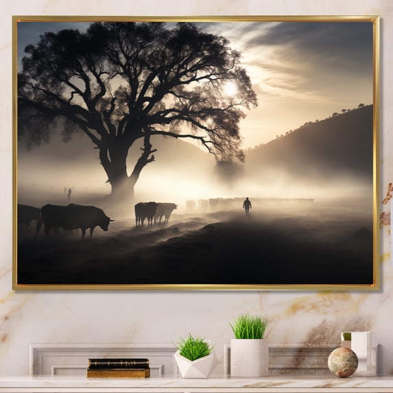 Designart "Cattle delicate Grazing I" Animals Floater Framed Canvas Print