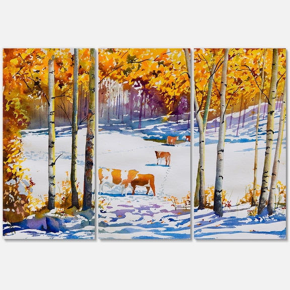Designart ' Cattles In The Early Snow In The Tree Forest ' Farmhouse Canvas Wall Art Print