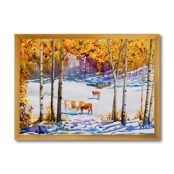 Designart 'Cattles In The Early Snow In The Tree Forest' Farmhouse Framed Art Print