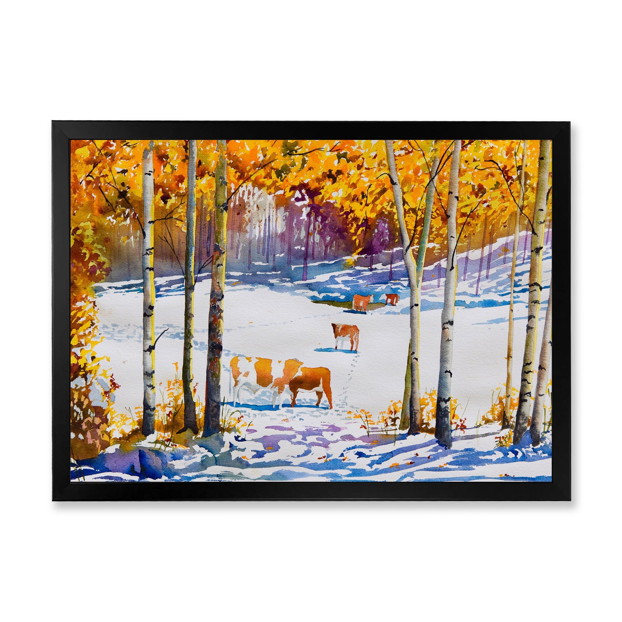 Designart 'Cattles In The Early Snow In The Tree Forest' Farmhouse Framed Art Print
