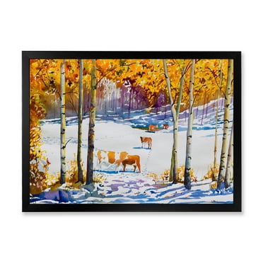 Designart 'Cattles In The Early Snow In The Tree Forest' Farmhouse Framed Art Print