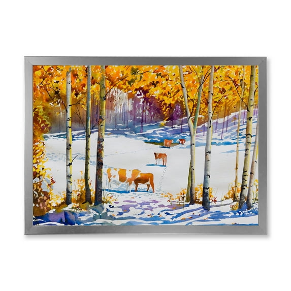 Designart 'Cattles In The Early Snow In The Tree Forest' Farmhouse Framed Art Print