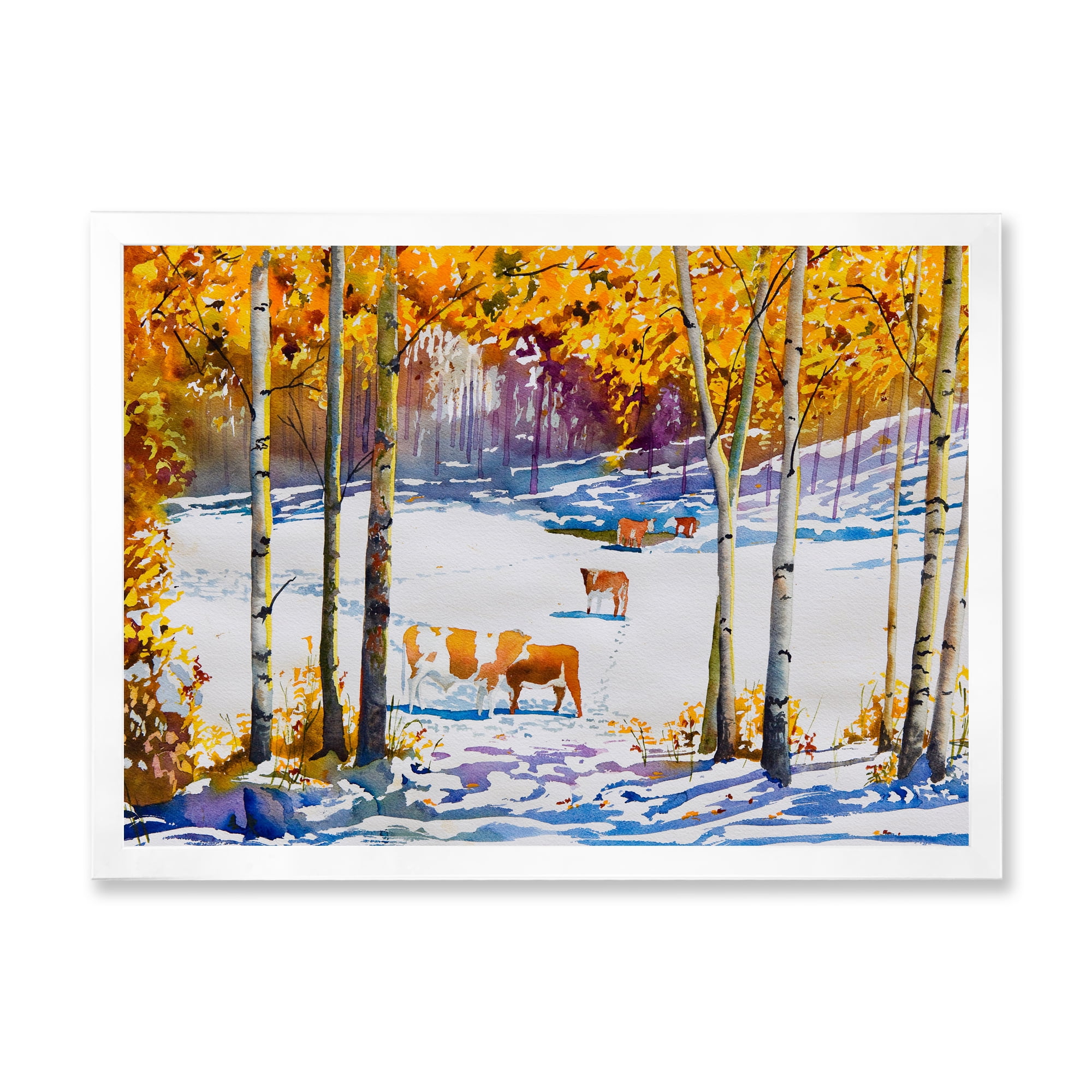 Designart 'Cattles In The Early Snow In The Tree Forest' Farmhouse Framed Art Print