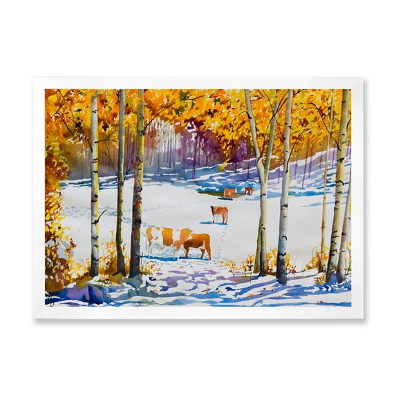 Designart 'Cattles In The Early Snow In The Tree Forest' Farmhouse Framed Art Print