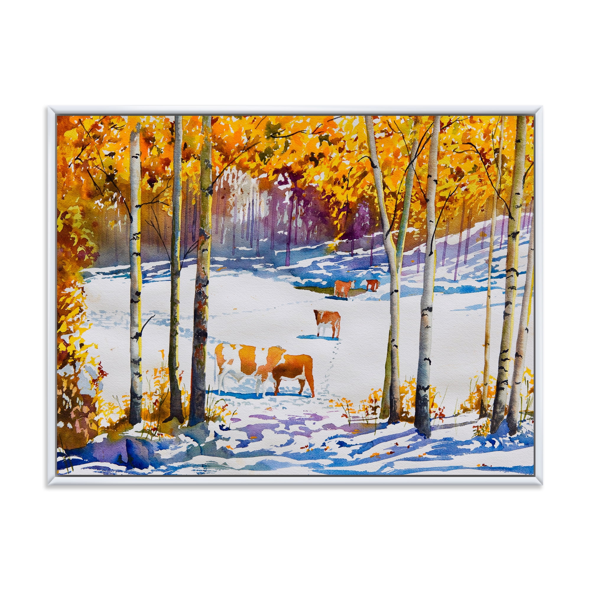 Designart 'Cattles In The Early Snow In The Tree Forest' Farmhouse Framed Canvas Wall Art Print