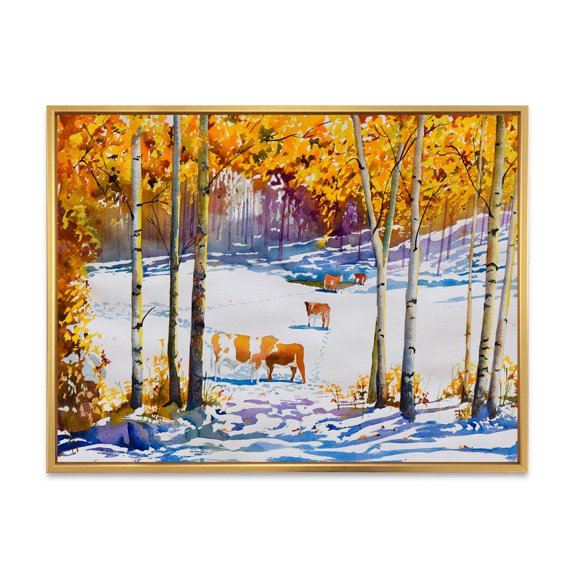 Designart 'Cattles In The Early Snow In The Tree Forest' Farmhouse Framed Canvas Wall Art Print