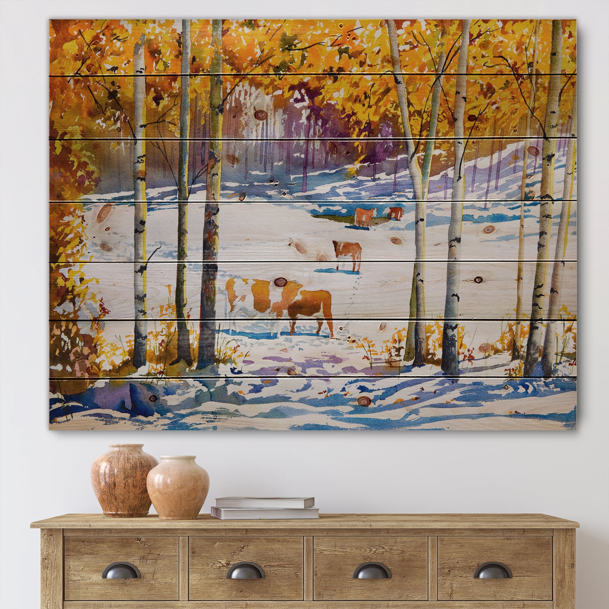 Designart 'Cattles In The Early Snow In The Tree Forest' Farmhouse Print on Natural Pine Wood