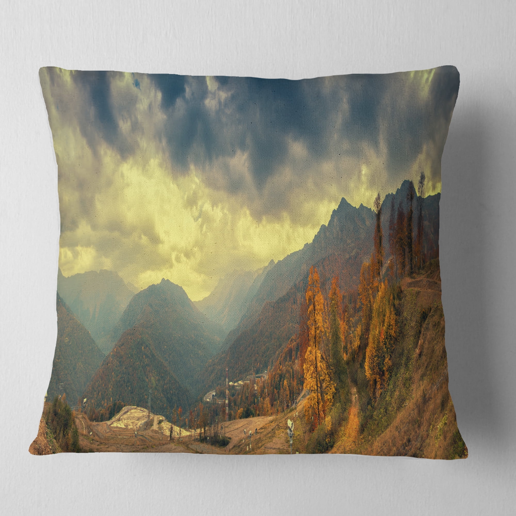 Designart Caucasus Mountains Yellow Panorama - Landscape Printed Throw Pillow - 18x18