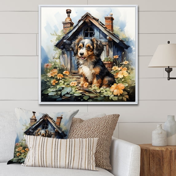 Designart "Cavapoo Comfort Cottage" Animals Framed Wall Art - Traditional Brown Dog Bedroom Framed Canvas Wall Art
