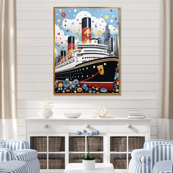 Designart "Celebrating Titanic in Pop Art Style" Coastal Framed Wall Art - Coastal White Coastal Boat Hallway Framed Wall Art Decor