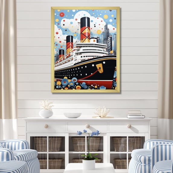 Designart "Celebrating Titanic in Pop Art Style" Coastal Framed Wall Art - Coastal White Coastal Boat Hallway Framed Wall Art Decor