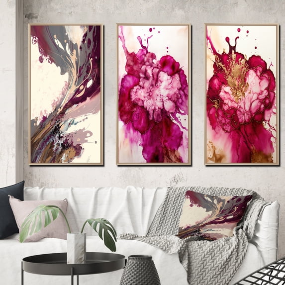 Designart "Celebrating in Raspberry Tones II" Abstract Liquid Ink Framed Wall Art Set Of 3 - Pink Modern Frame Gallery Wall Set For Home Decor