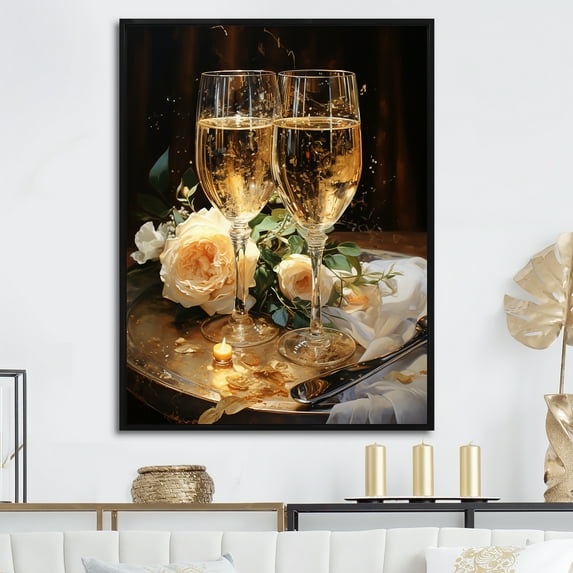 Designart "Celebration Of Sparkles I" Wine & Champagne Floater Framed Wall Decor