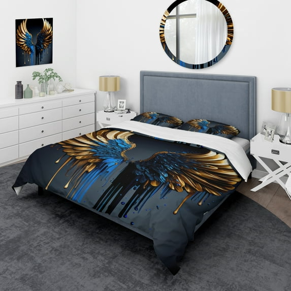Designart "Celestial Angel Wings in Blue and Gold III" Contemporary Glam Bedding Covert Set - Wings Angel Blue Fantasy Bed Set With 2 Shams