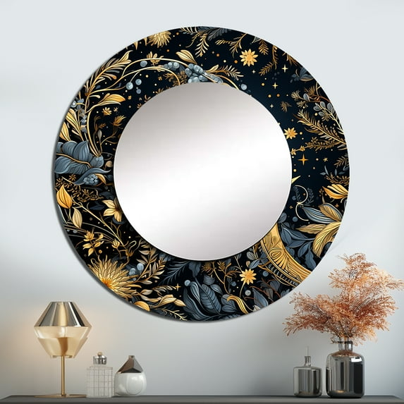 Designart "Celestial Azure II" Floral Round Mirror Wall Decor Bohemian - Large Blue Round Bathroom Mirror - Round Mirror - 29" x 29"