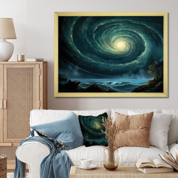 Designart "Celestial Black Hole Green Tones" Astronomy & Space Framed Wall Art Decor - Modern Green Planets Hallway Framed Wall Art Decor