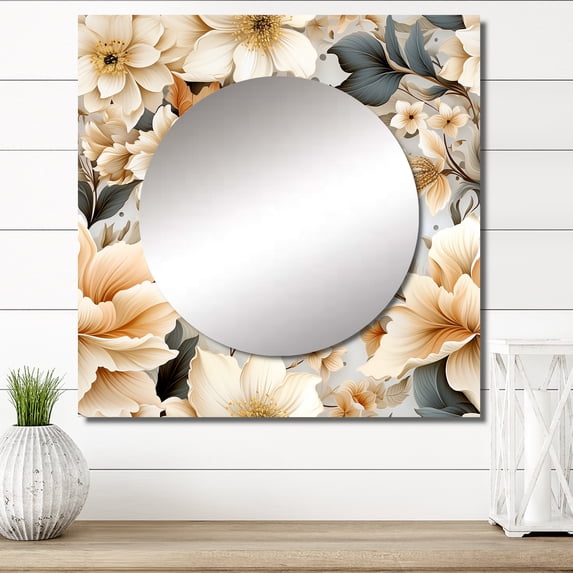 Designart "Celestial Chrysanthemum I" Floral Square Mirror For Wall Decor - Large White Square Mirror Printed Wall Decor - Cottage Square Living Room Mirror