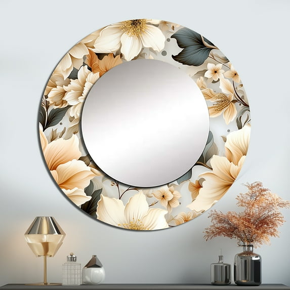 Designart "Celestial Chrysanthemum I" Floral White Large Round Mirror - Round Bedroom Mirror Wall Decor - Cottage Round Printed Mirror - 29" x 29"
