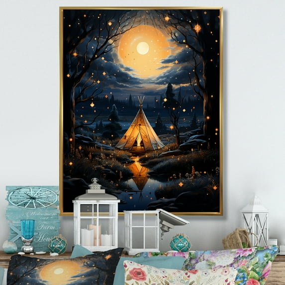 Designart "Celestial Connections Blue Native Tipi Retreat II" Cityscapes Floater Framed Canvas Art Print
