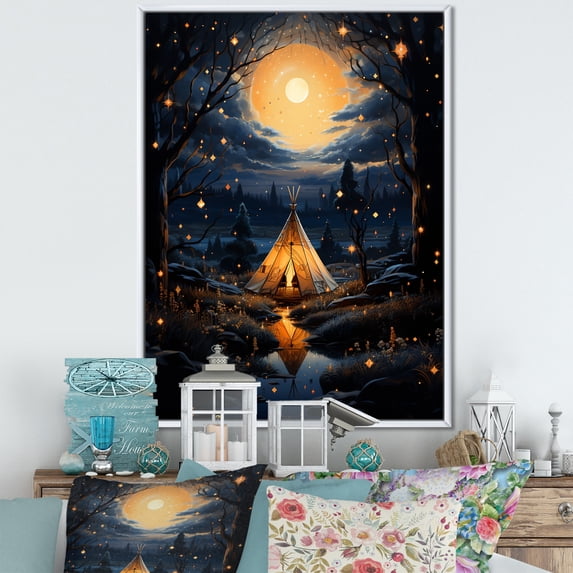 Designart "Celestial Connections Blue Native Tipi Retreat II" Cityscapes Floater Framed Canvas Art Print