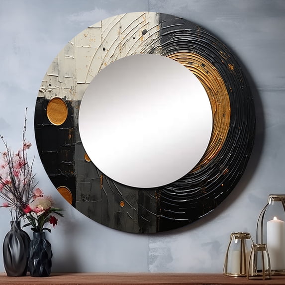 Designart "Celestial Mirage Gold and Black Saturn I" Saturn Rund Mirror For Wall Decor - Large Gold Round Print Mirror - Round Astronomy Mirror - Wall Mounted Round Large Mirror - 23" x 23"