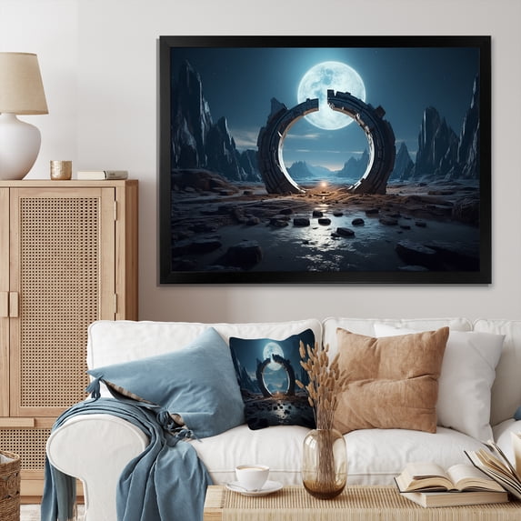 Designart "Celestial Portal Surreal Galaxy Landscape V" Landscapes Framed Wall Art Decor - Traditional Blue Surrealism Landscape Hallway Framed Wall Art Decor