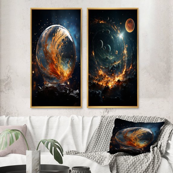 Designart "Celestial Worlds II" Galaxies Framed Wall Art Set Of 2 - Teal Fantasy Gallery Wall Frame Set For Home Decor