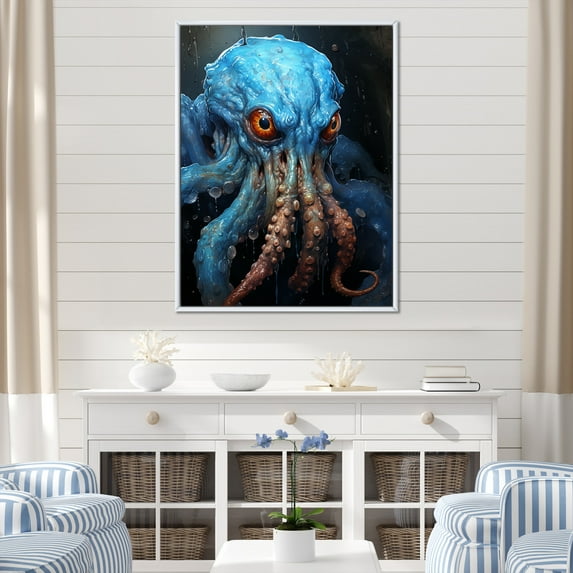 Designart "Cephalopod In Azure Waters" Octopus/Squid Floater Framed Canvas Art Print