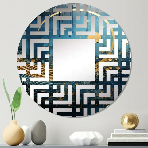 Designart "Cerulean Cycle Dreams: Moon in Blue and Gold" Moon Maze Round Wall Mirror - Fantasy Oval Printed Decorative Mirror - Multiple Color Options