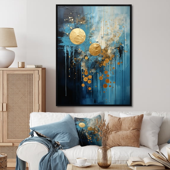 Designart "Cerulean Cycle Dreams: Moon In Blue And Gold II" Moon Floater Framed Canvas Prints