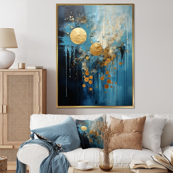 Designart "Cerulean Cycle Dreams: Moon In Blue And Gold II" Moon Floater Framed Canvas Prints