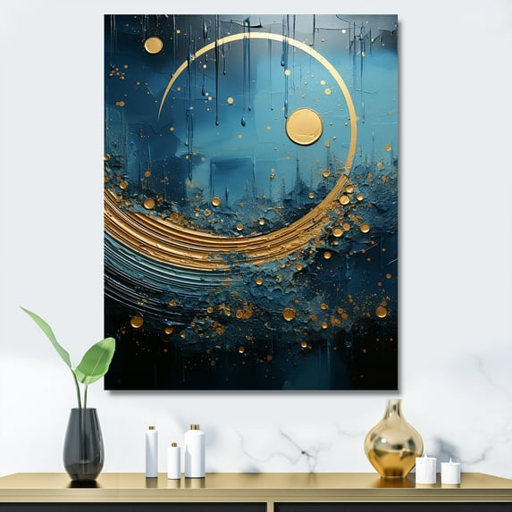 Designart "Cerulean Cycle Dreams: Moon In Blue And Gold" Moon Wall Art Living Room