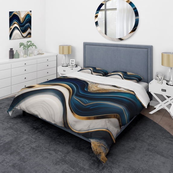 Designart "Cerulean Waves in Geode III" Abstract Bedding Covert Set - Modern Blue Bed Set With 2 Shams