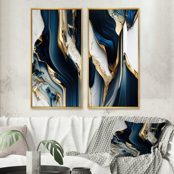 Designart "Cerulean Waves in Geode V" Abstract Framed Wall Art Set Of 2 - Blue Abstract Framed Canvas Set For Living Room Decor