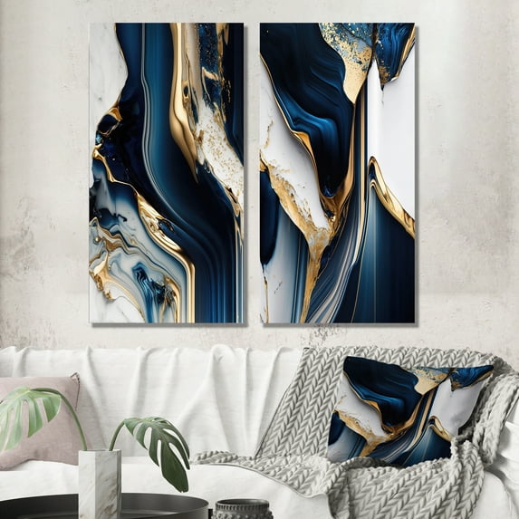 Designart "Cerulean Waves in Geode V" Abstract Wall Art Set Of 2 - Blue Abstract Canvas Set For Living Room Decor