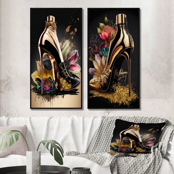 Designart "Champagne Gold High Heel III" Fashion Framed Wall Art Set Of 2 - Gold Fashion Framed Canvas Set For Living Room Decor
