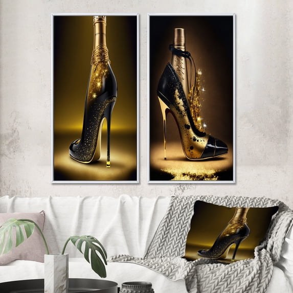Designart "Champagne-Tinged Golden High Heel II" Fashion Framed Wall Art Set Of 2 - Gold Fashion Gallery Wall Frame Set For Home Decor