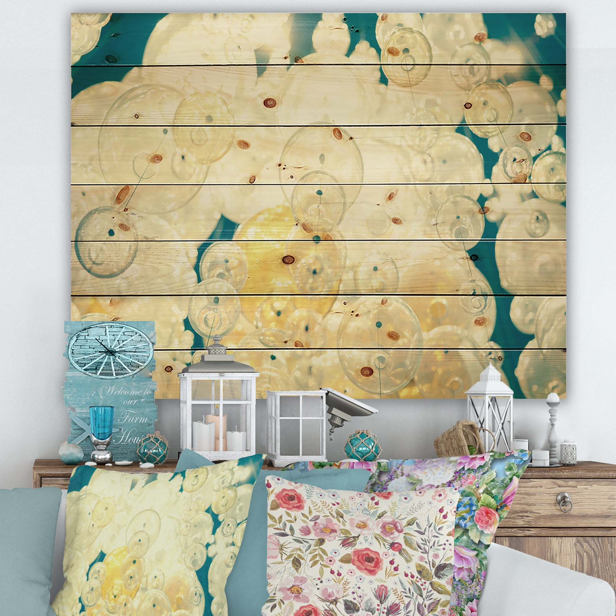 Designart 'Chandelier In The Form of Balls Abstract Art II' Modern Print on Natural Pine Wood
