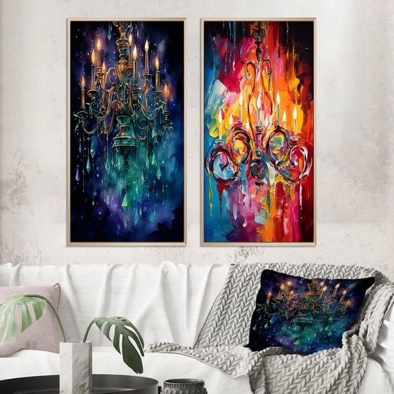 Designart "Chandelier Majestic Glow painting" Chandelier Framed Wall Art Set Of 2 - Multi-Color Fashion Frame Gallery Set For Office Decor