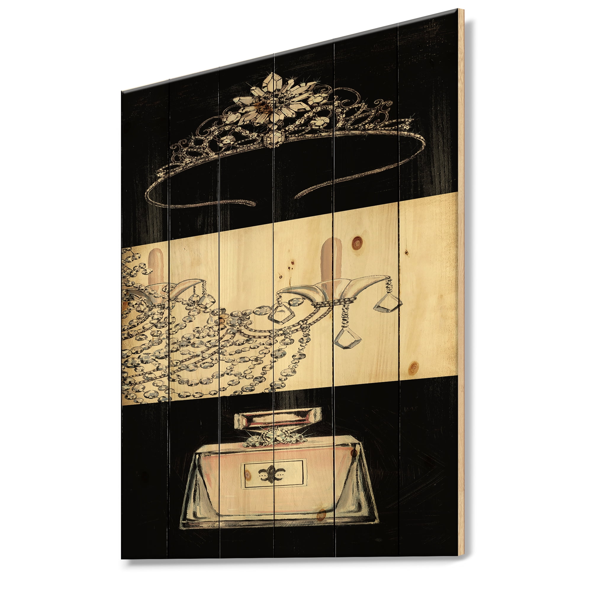 Designart 'Chandelier, Parfum and Glamorous Tiara' Fashion Print on Natural Pine Wood