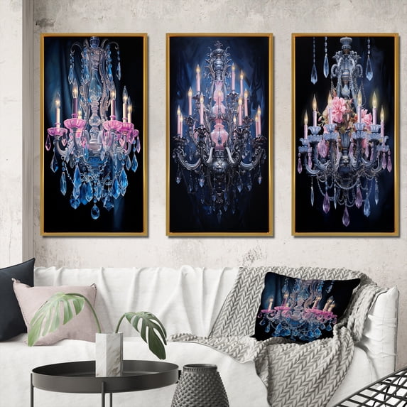 Designart "Chandelier euphony In Contrasts III" Glam Framed Wall Art Set Of 3 - Purple Chandelier Frame Gallery Set For Office Decor