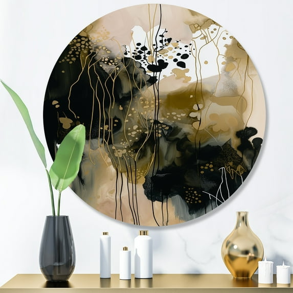 Designart "Chaos in Black I" Abstract Metal Round Art Print