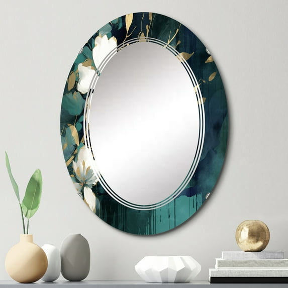 Designart "Chaotic Beauty in White and Teal Plants III" Floral Round Wall Mirror - Traditional Oval Printed Decorative Oversized Mirror - Multiple Color Options